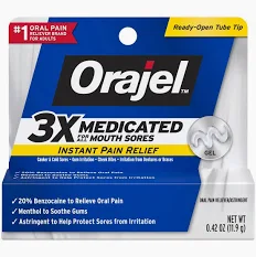 Orajel 3X Medicated Mouth Sore Gel, a benzocaine-based numbing gel